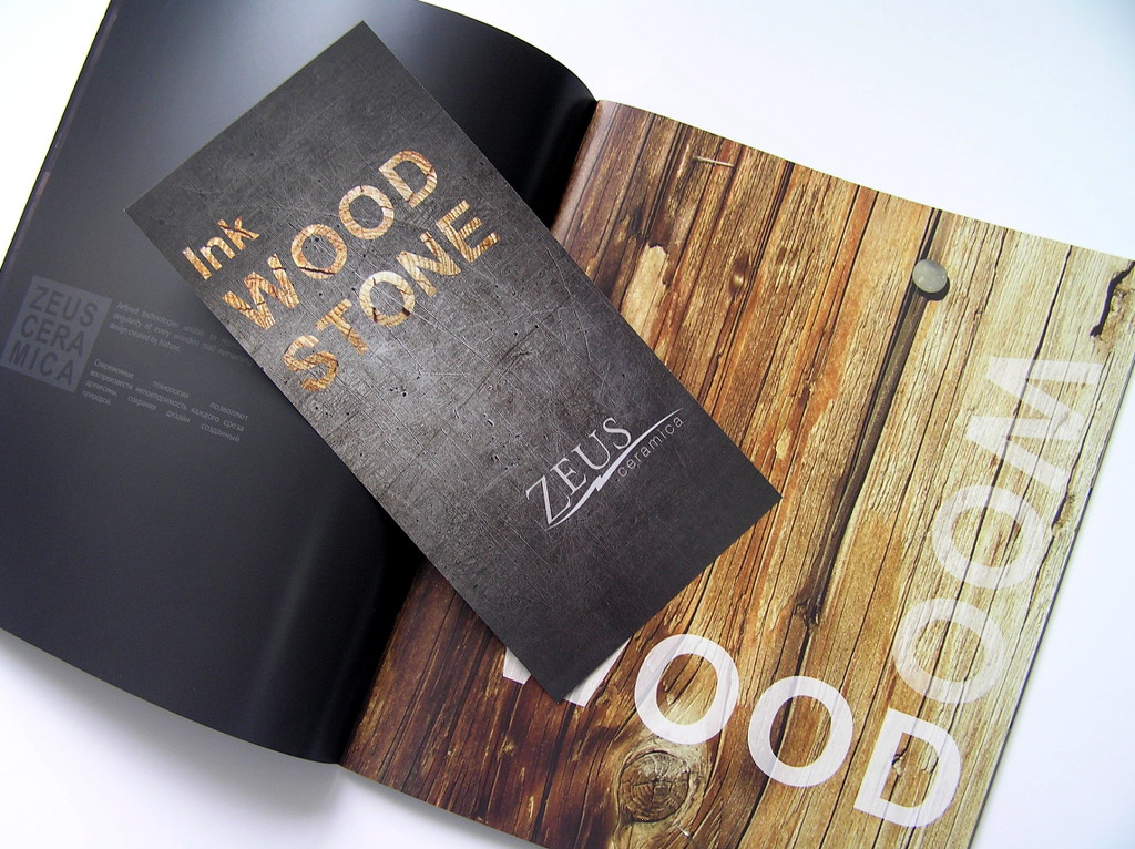 Друк брошур «Ink Wood Stone. Zeus ceramica». Поліграфія друкарні Макрос, виготовлення брошур, специфікація 962979-7